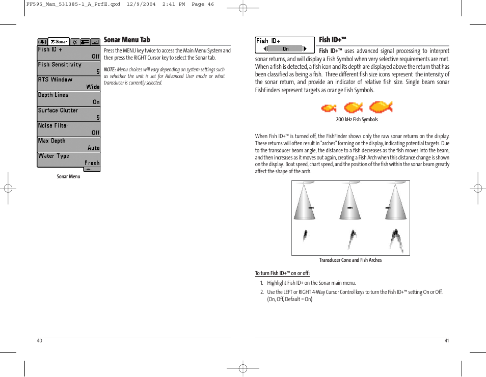 Fish id, Sonar menu tab | Humminbird 595C User Manual | Page 24 / 41