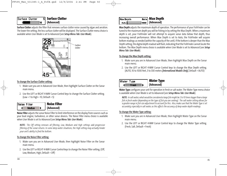 Max depth, Water type, Surface clutter | Noise filter | Humminbird 595C User Manual | Page 26 / 41