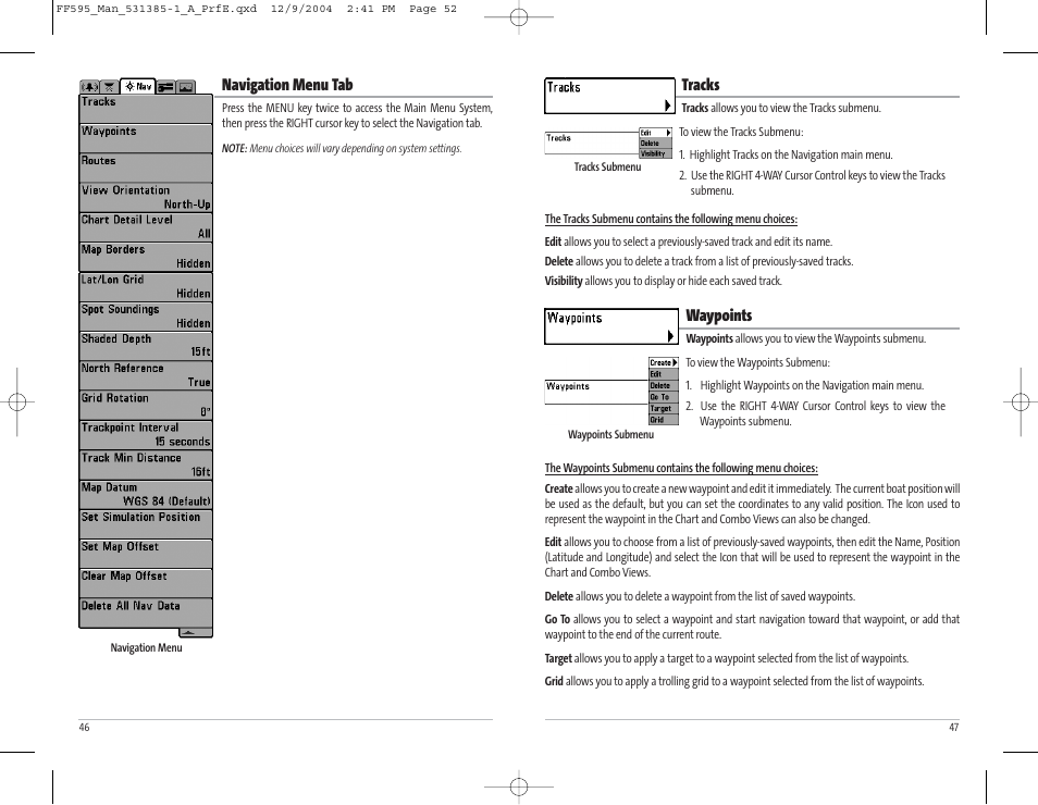 Tracks, Waypoints, Navigation menu tab | Humminbird 595C User Manual | Page 27 / 41