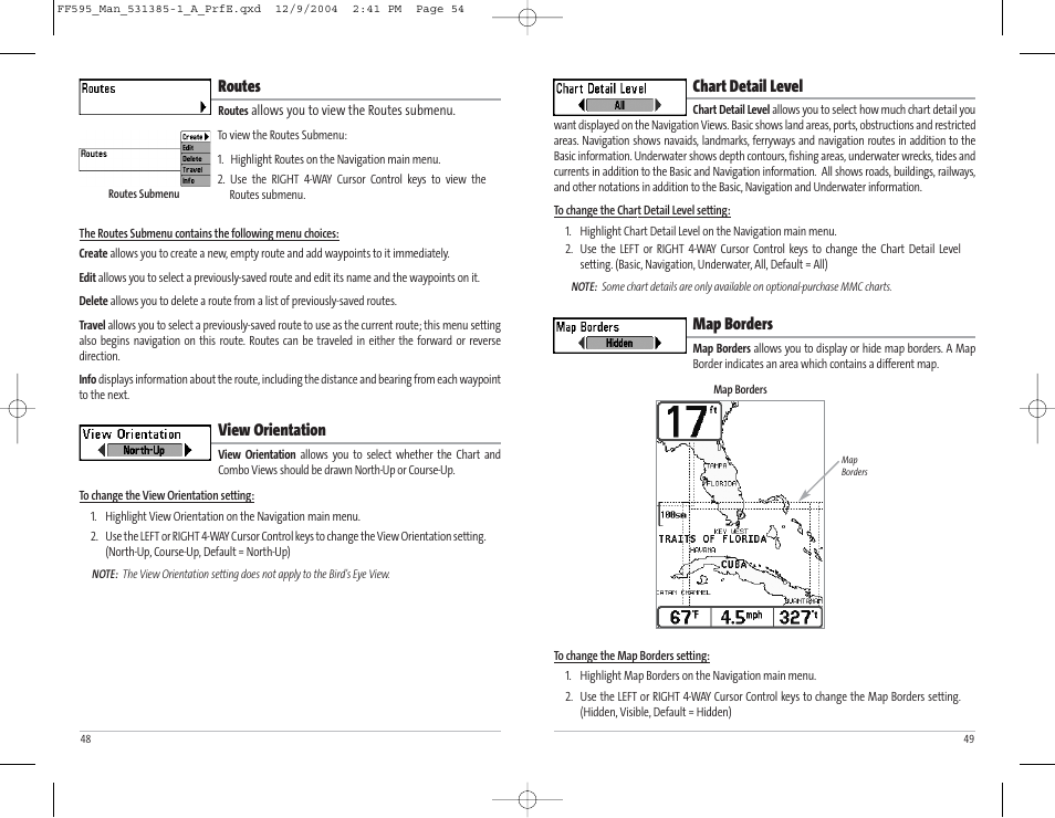 Chart detail level, Map borders, Routes | View orientation | Humminbird 595C User Manual | Page 28 / 41