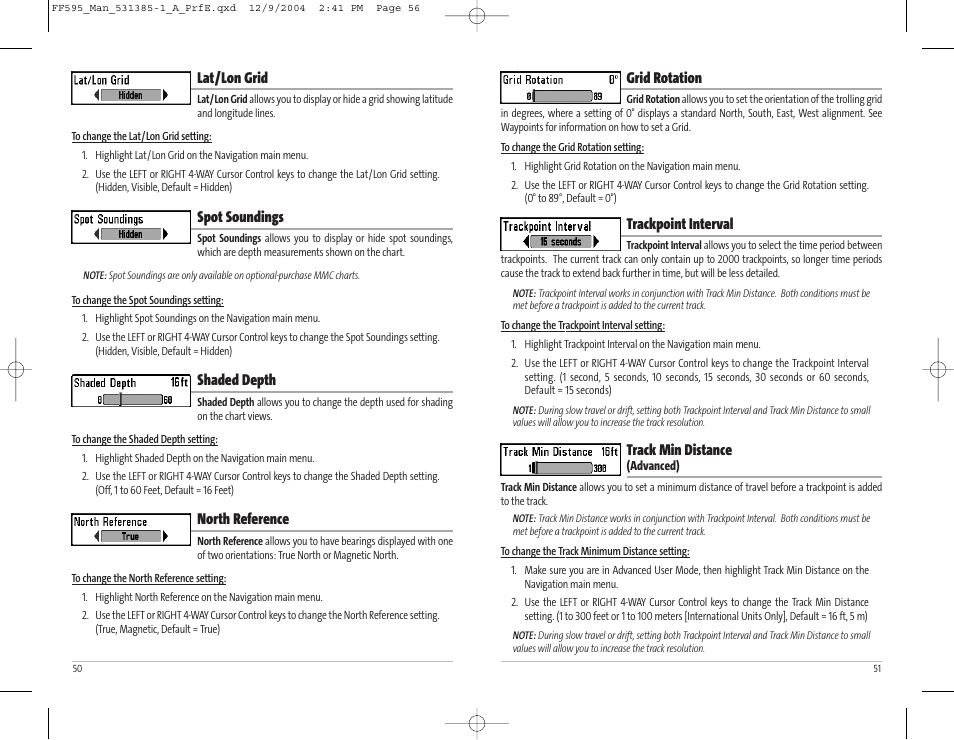 Grid rotation, Trackpoint interval, Track min distance | Lat/lon grid, Spot soundings, Shaded depth, North reference | Humminbird 595C User Manual | Page 29 / 41