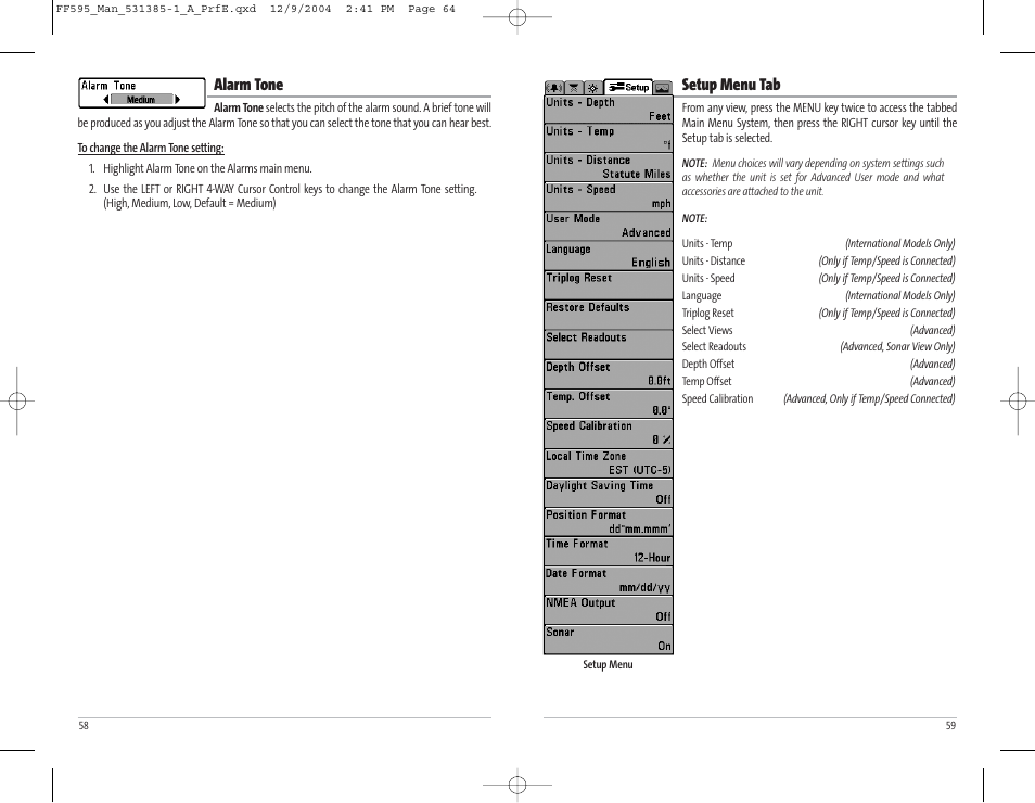 Setup menu tab, Alarm tone | Humminbird 595C User Manual | Page 33 / 41