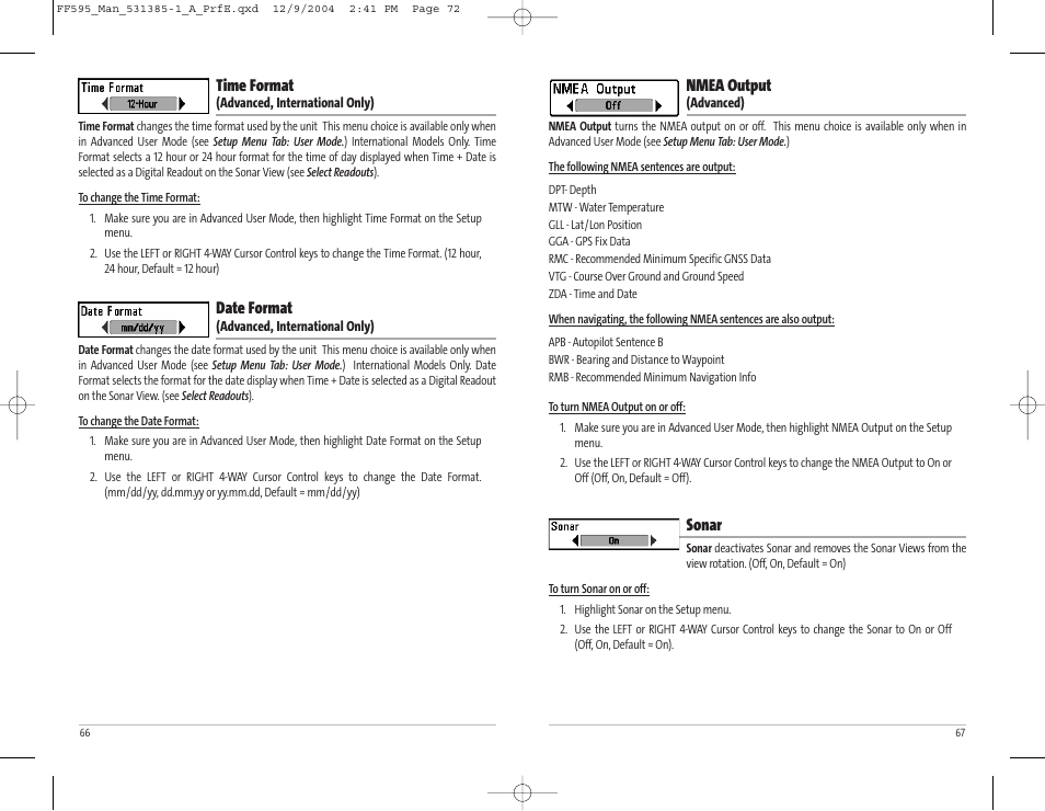 Nmea output, Sonar, Time format | Date format | Humminbird 595C User Manual | Page 37 / 41