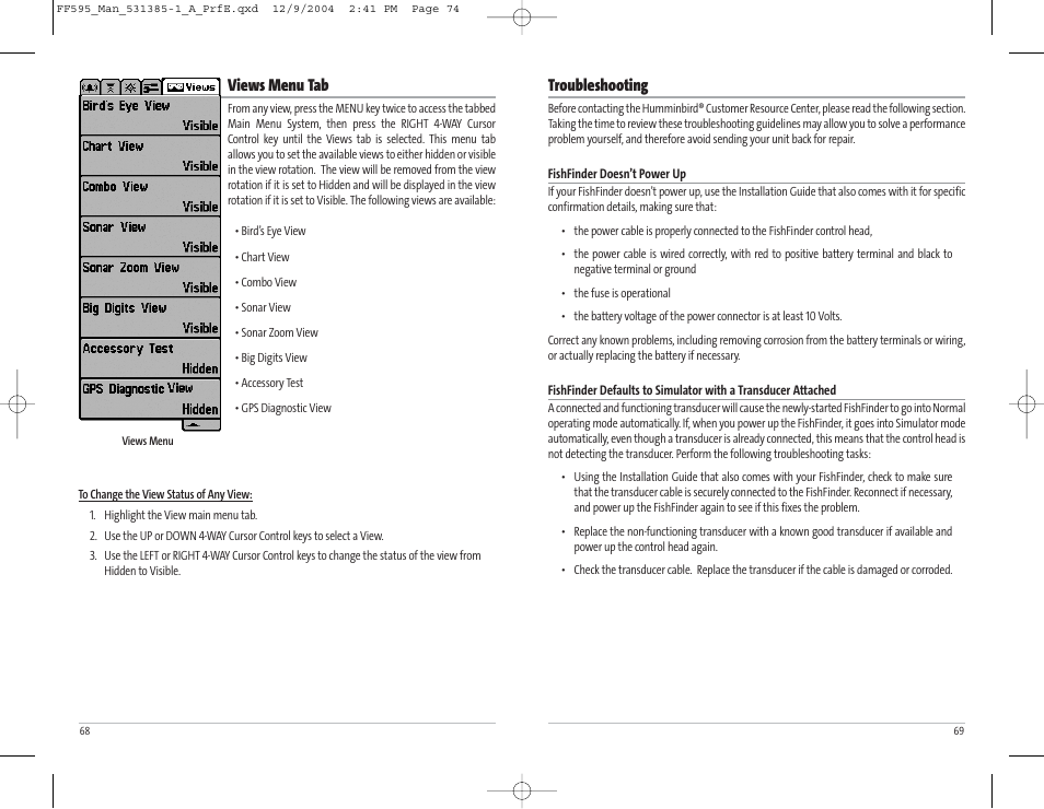 Troubleshooting, Views menu tab | Humminbird 595C User Manual | Page 38 / 41