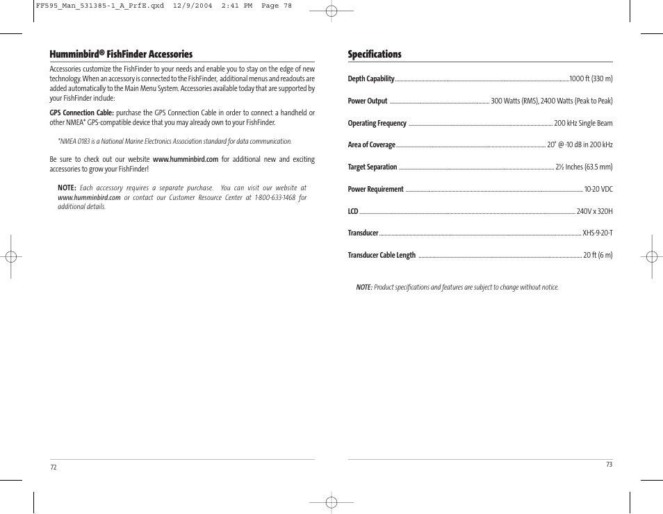 Specifications, Humminbird® fishfinder accessories | Humminbird 595C User Manual | Page 40 / 41