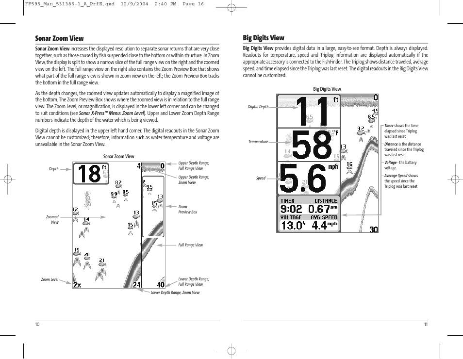 Big digits view, Sonar zoom view | Humminbird 595C User Manual | Page 9 / 41