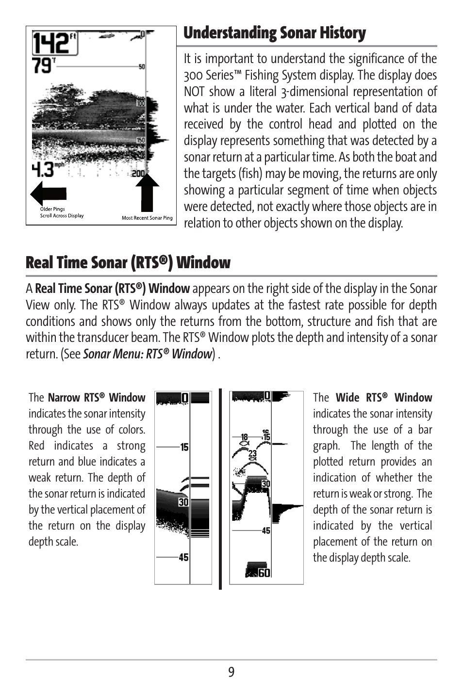 Understanding sonar history, Real time sonar (rts®) window | Humminbird 383c User Manual | Page 16 / 118