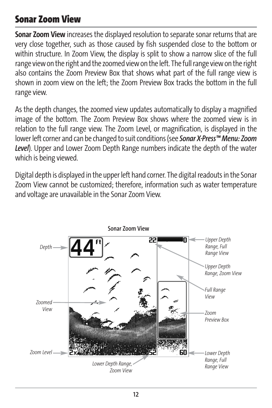 Sonar zoom view | Humminbird 383c User Manual | Page 19 / 118