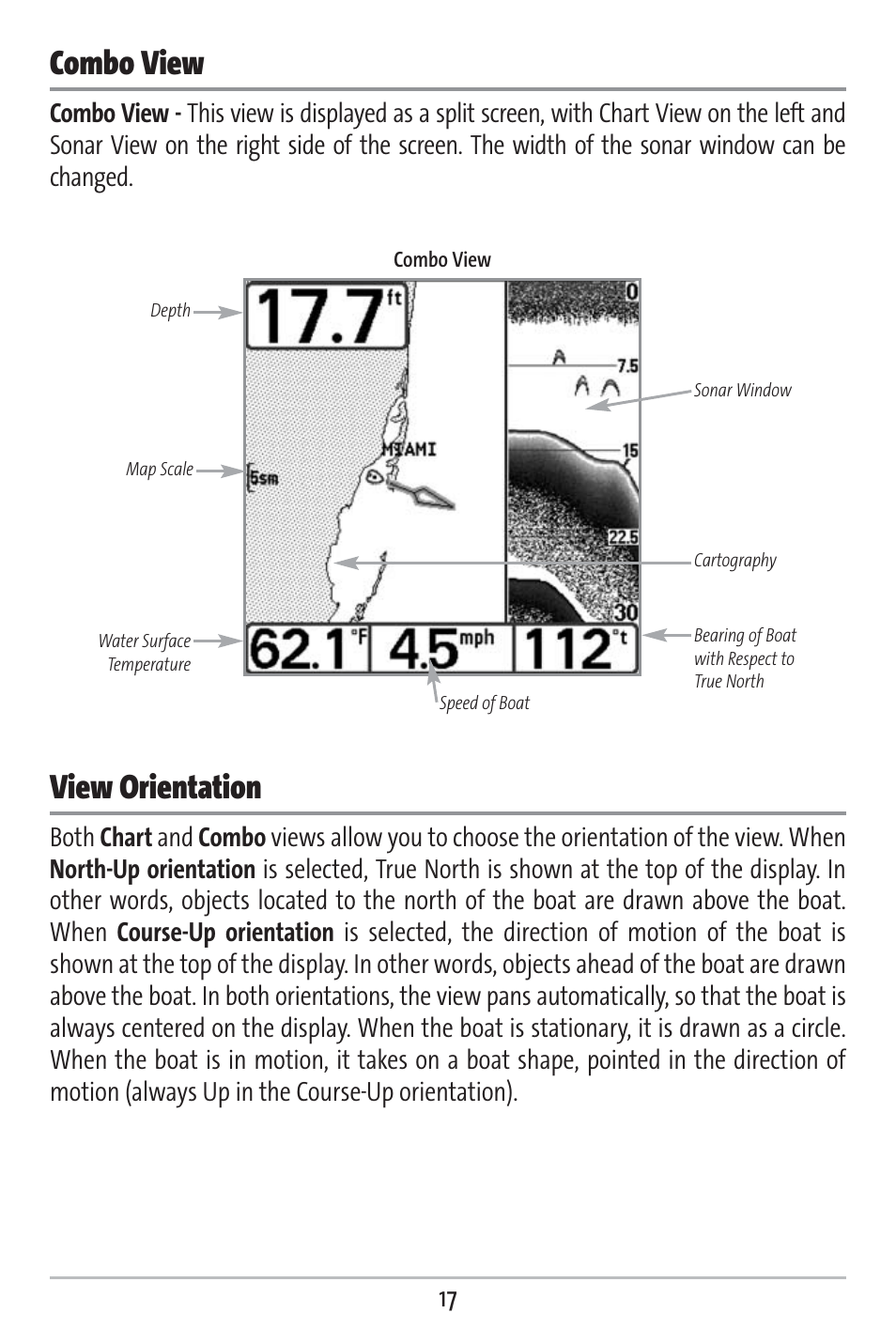 Combo view, View orientation | Humminbird 383c User Manual | Page 24 / 118