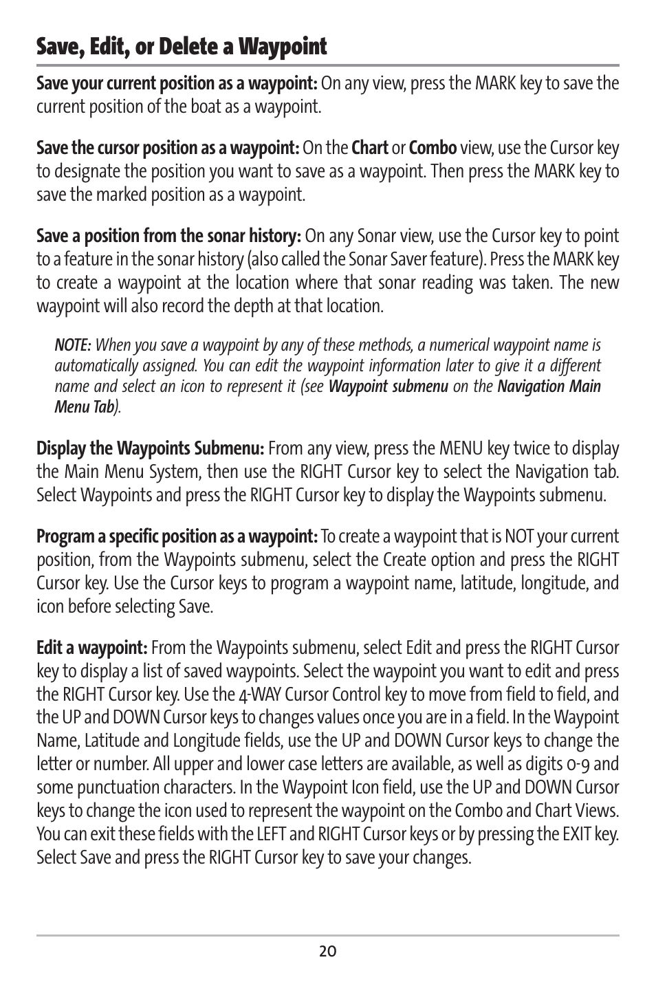 Save, edit, or delete a waypoint | Humminbird 383c User Manual | Page 27 / 118