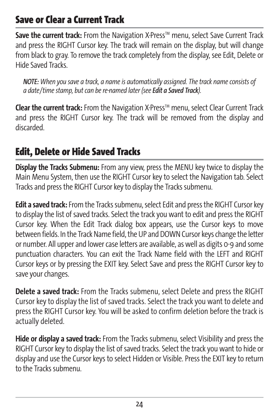 Save or clear a current track, Edit, delete or hide saved tracks | Humminbird 383c User Manual | Page 31 / 118