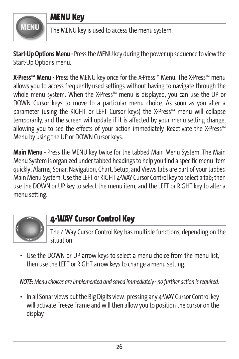 Menu key, Way cursor control key | Humminbird 383c User Manual | Page 33 / 118
