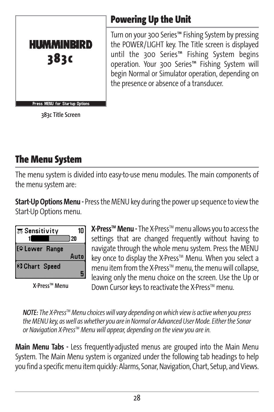 3 8 3 c, Powering up the unit, The menu system | Menu - the x-press, Menu. when you select a menu item from the x-press, Menu | Humminbird 383c User Manual | Page 35 / 118