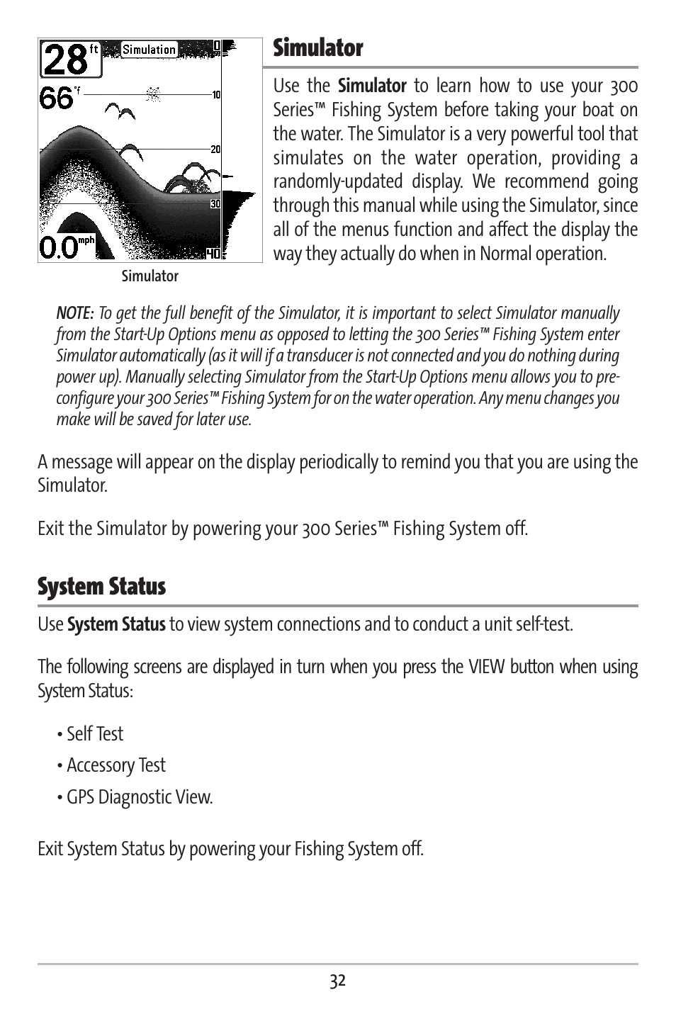 Simulator, System status | Humminbird 383c User Manual | Page 39 / 118