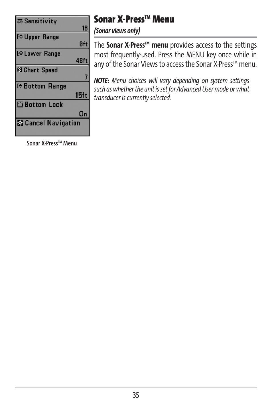 Sonar x-press, Menu, The sonar x-press | Humminbird 383c User Manual | Page 42 / 118