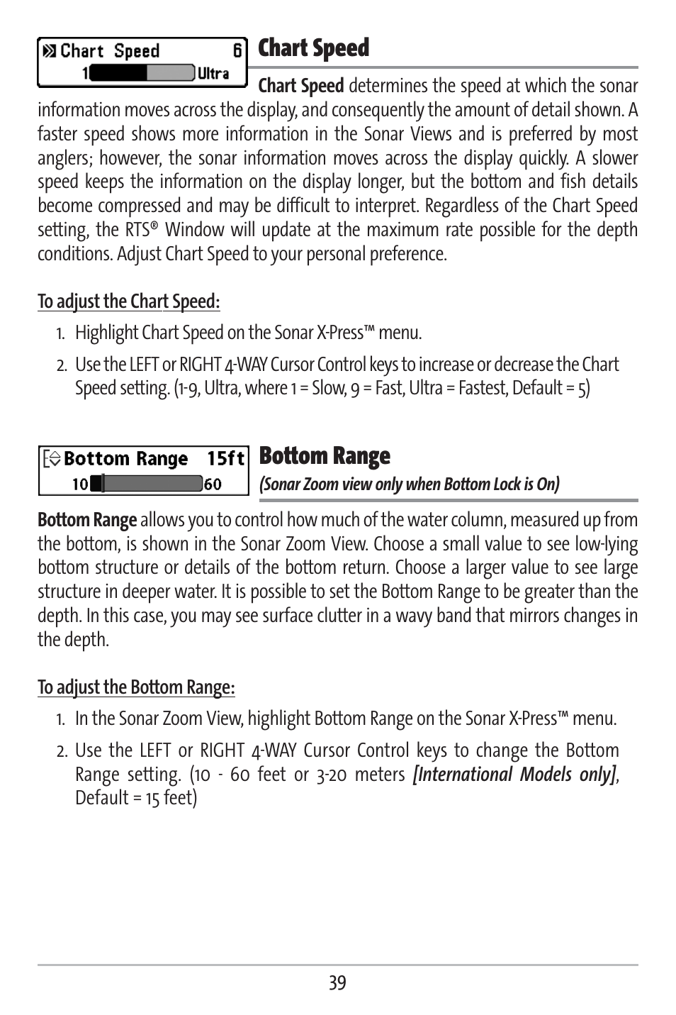 Chart speed, Bottom range | Humminbird 383c User Manual | Page 46 / 118