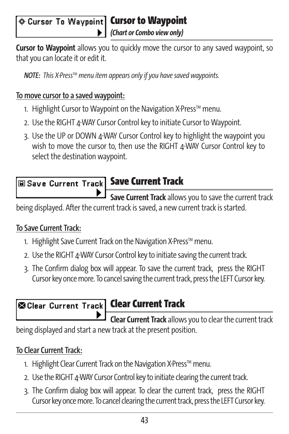 Cursor to waypoint, Save current track, Clear current track | Humminbird 383c User Manual | Page 50 / 118