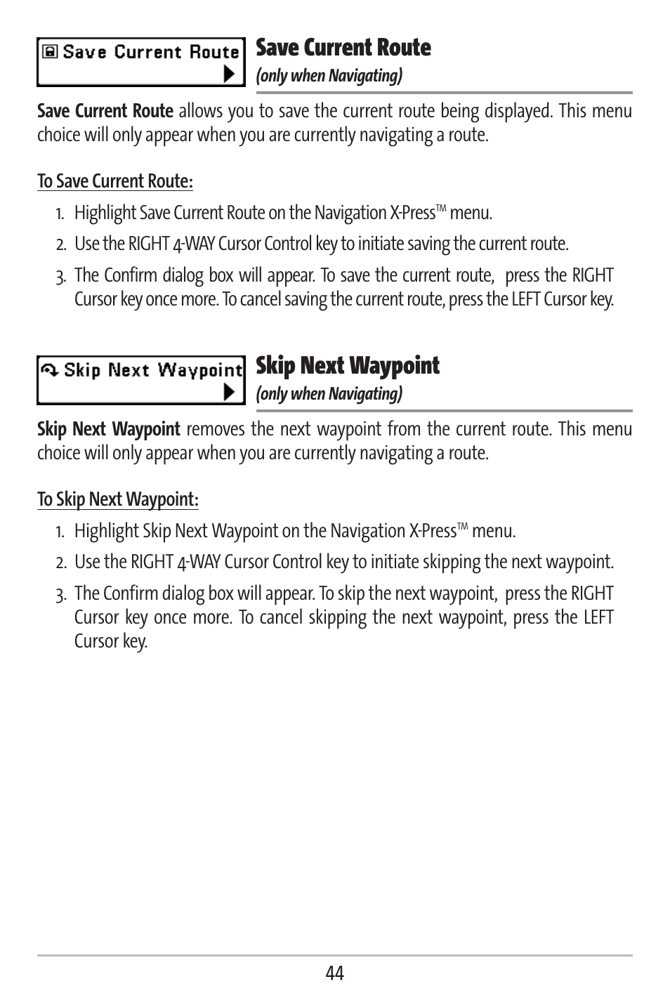 Save current route, Skip next waypoint | Humminbird 383c User Manual | Page 51 / 118