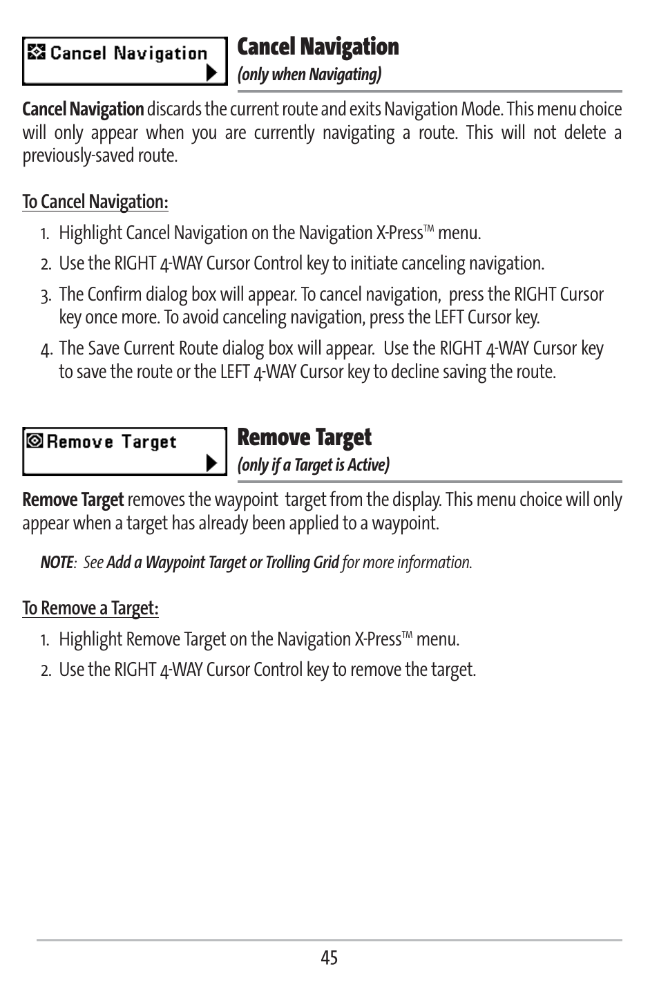 Cancel navigation, Remove target | Humminbird 383c User Manual | Page 52 / 118