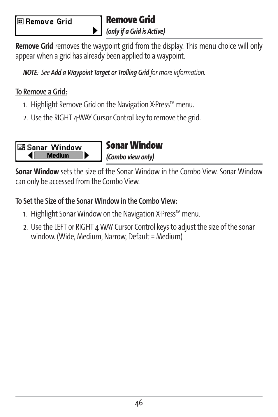 Remove grid, Sonar window | Humminbird 383c User Manual | Page 53 / 118