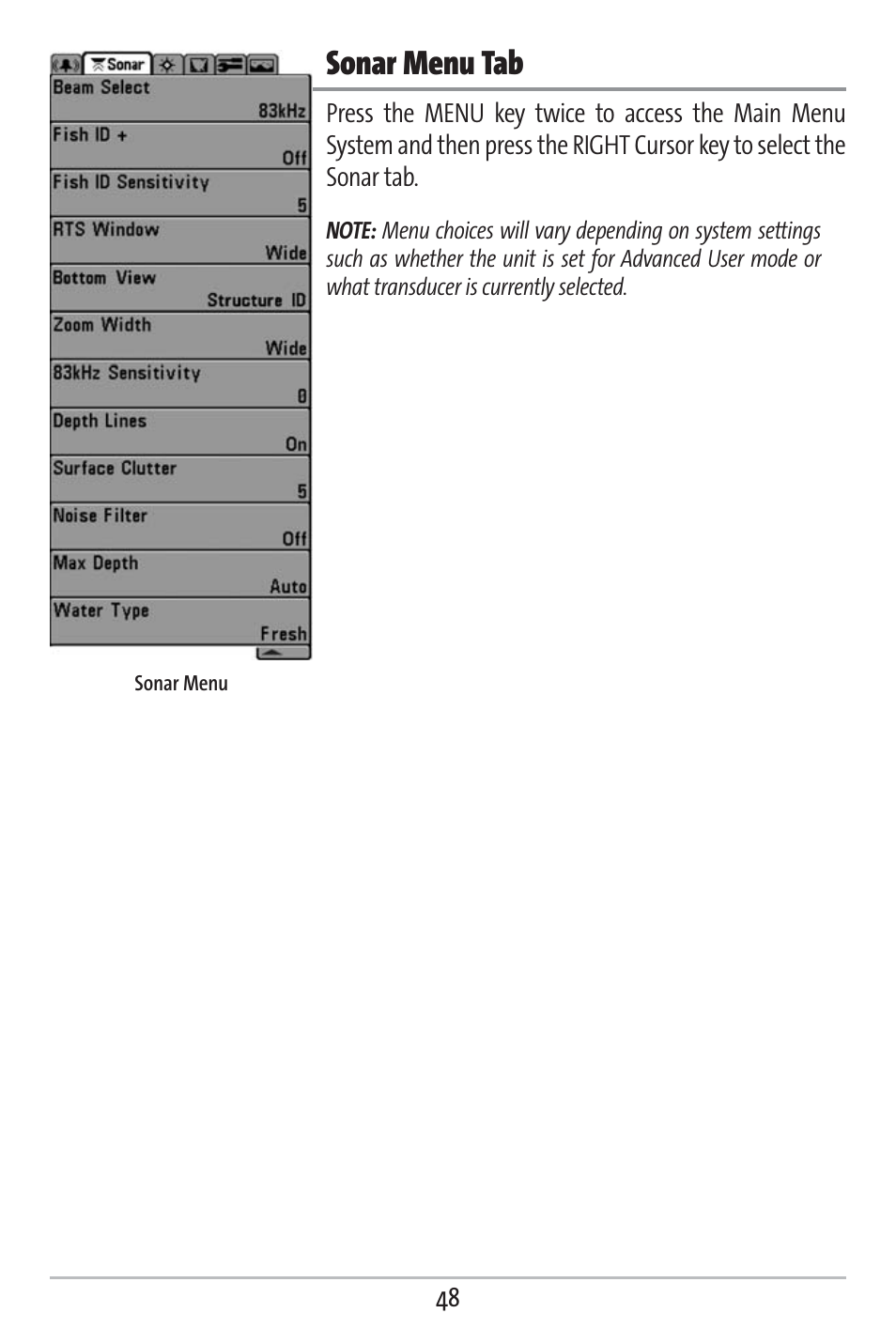 Sonar menu tab | Humminbird 383c User Manual | Page 55 / 118