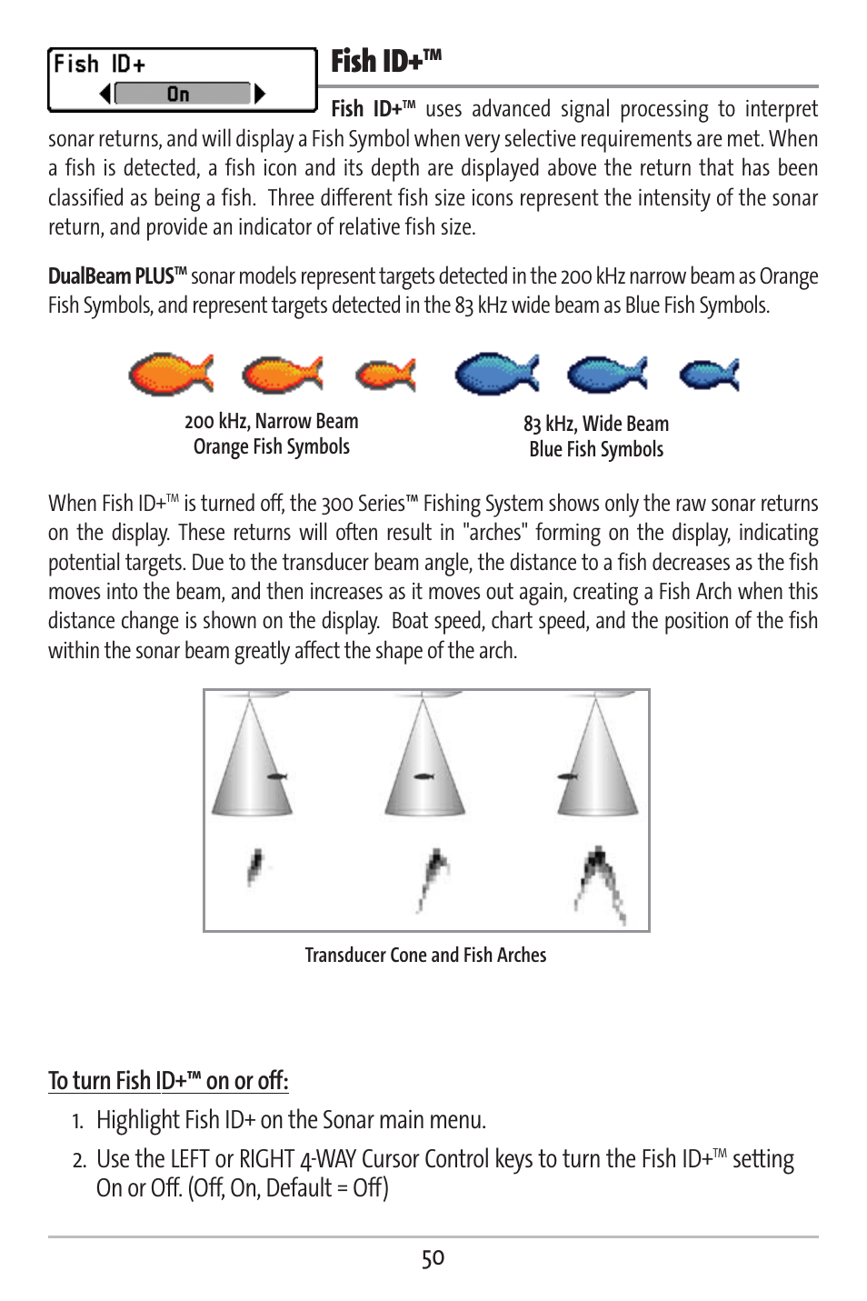 Fish id, Setting on or off. (off, on, default = off) | Humminbird 383c User Manual | Page 57 / 118