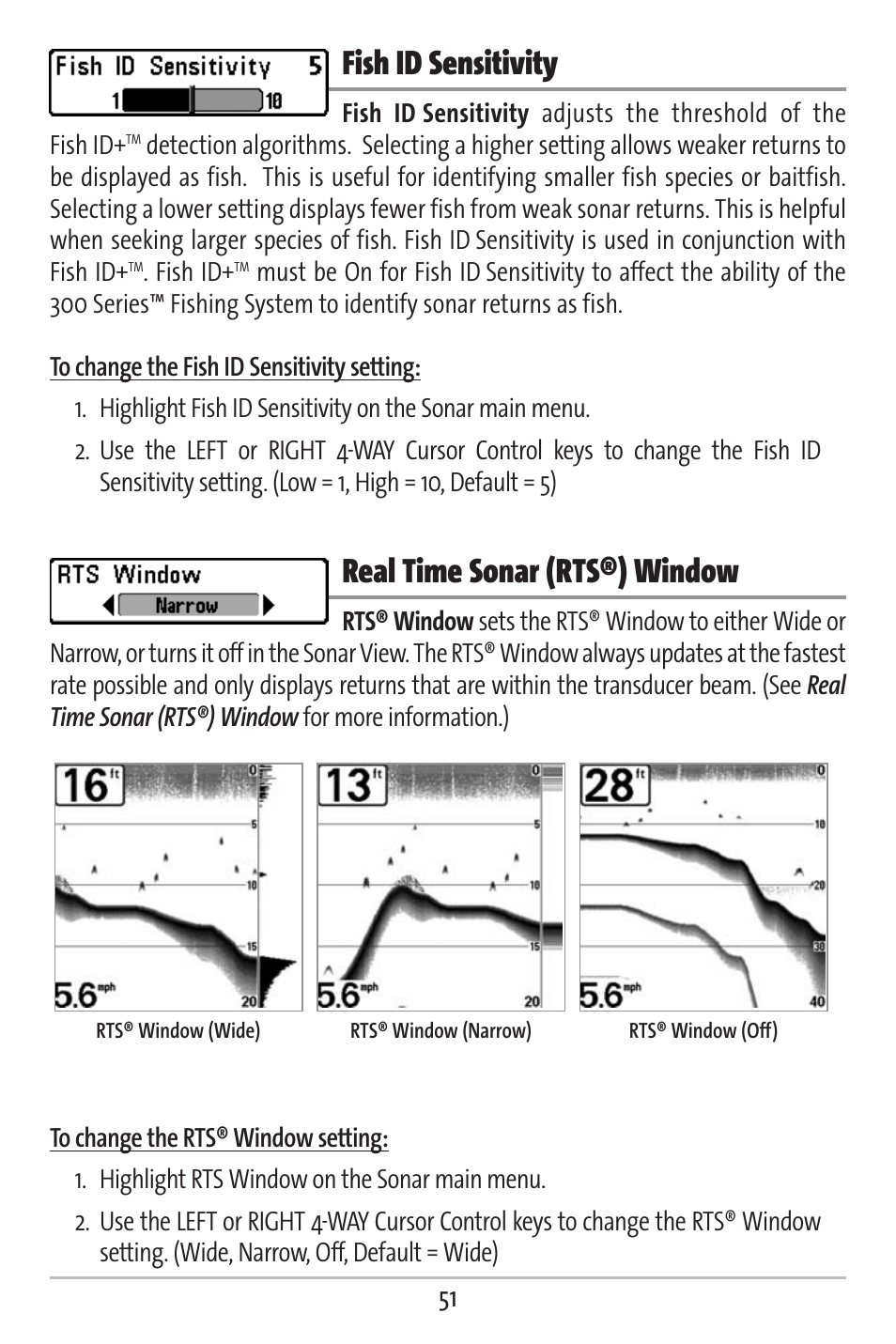 Fish id sensitivity, Real time sonar (rts®) window | Humminbird 383c User Manual | Page 58 / 118