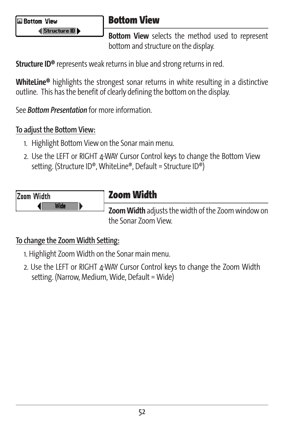 Bottom view, Zoom width | Humminbird 383c User Manual | Page 59 / 118