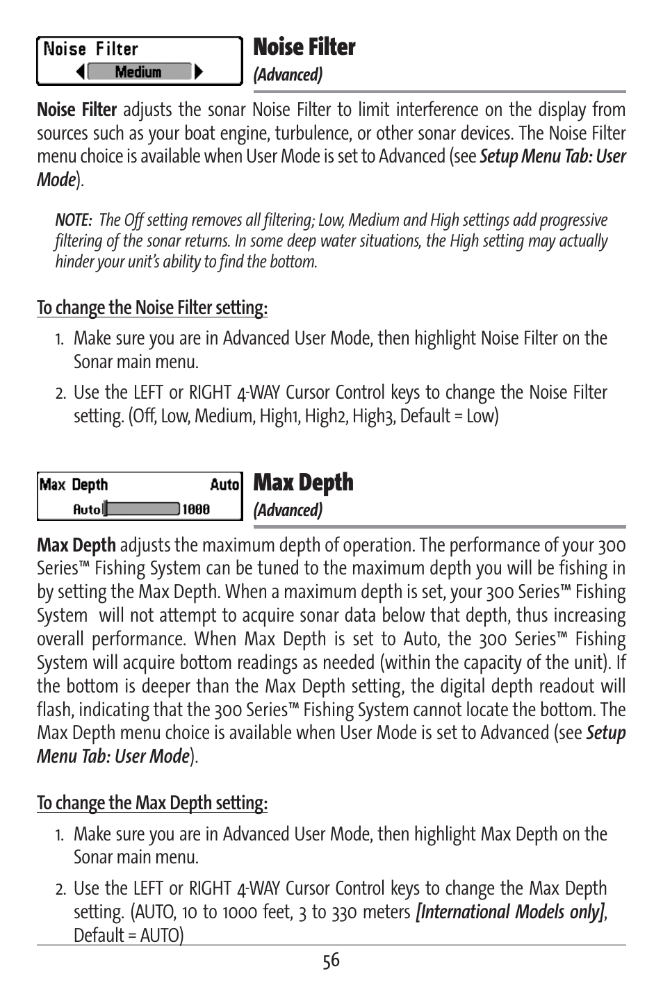 Noise filter, Max depth | Humminbird 383c User Manual | Page 63 / 118