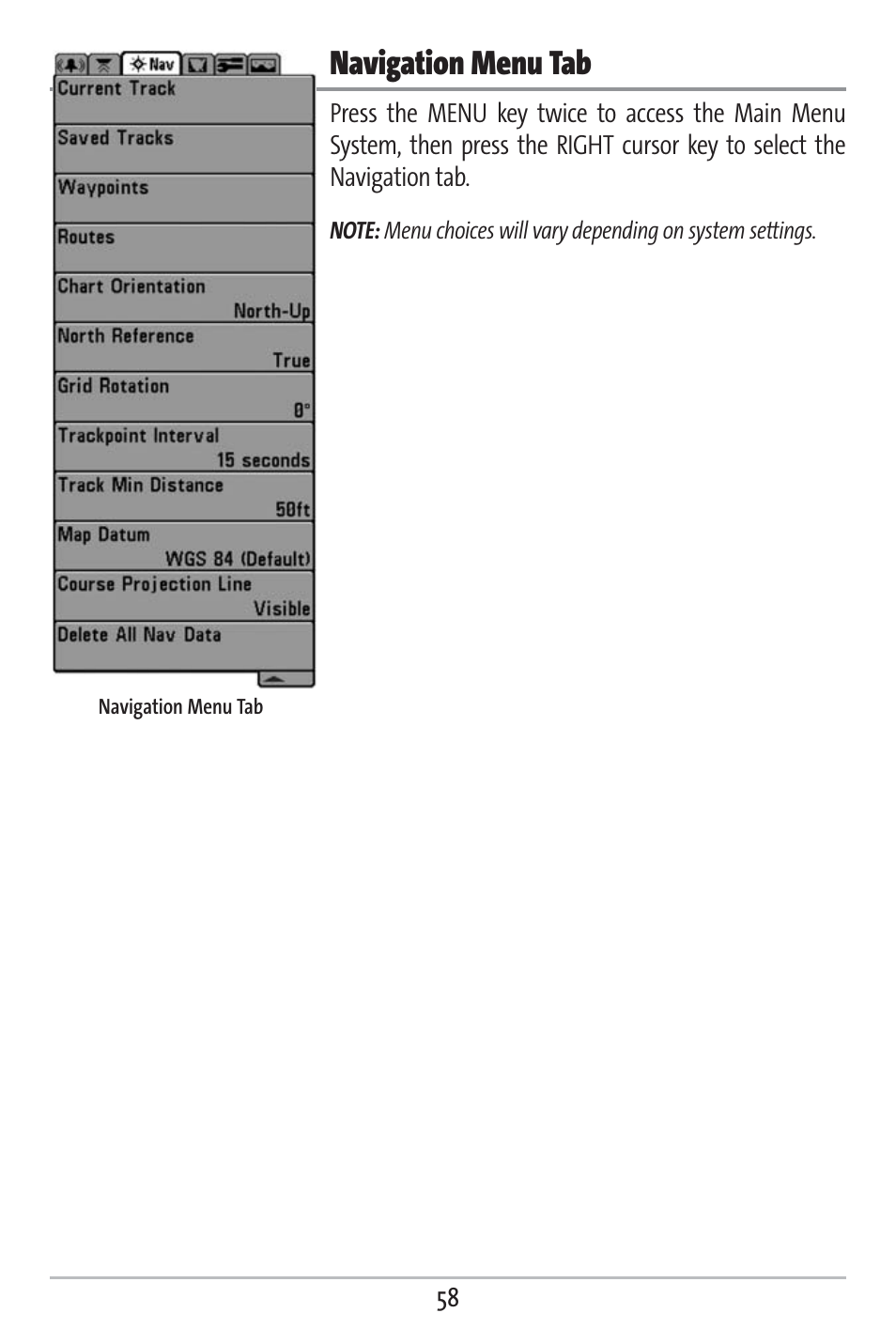 Navigation menu tab | Humminbird 383c User Manual | Page 65 / 118