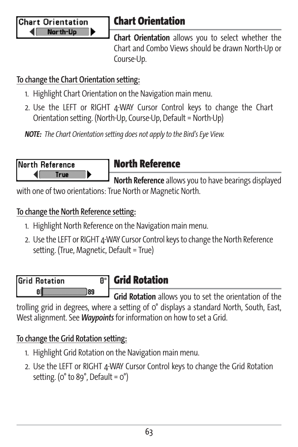 Chart orientation, North reference, Grid rotation | Humminbird 383c User Manual | Page 70 / 118