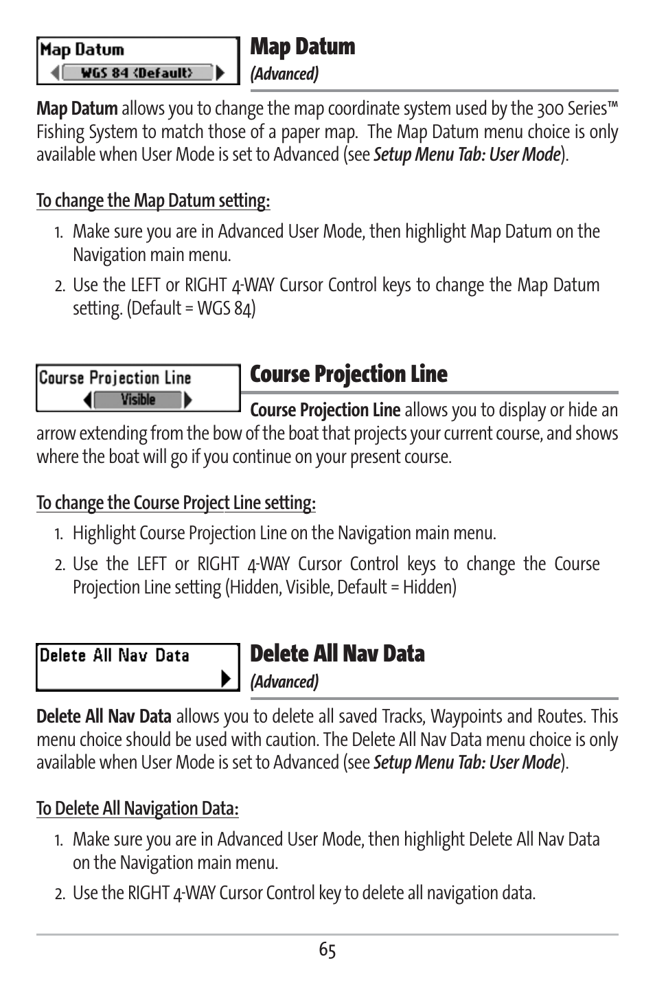 Map datum, Course projection line, Delete all nav data | Humminbird 383c User Manual | Page 72 / 118