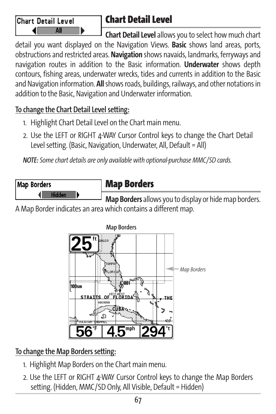 Chart detail level, Map borders | Humminbird 383c User Manual | Page 74 / 118