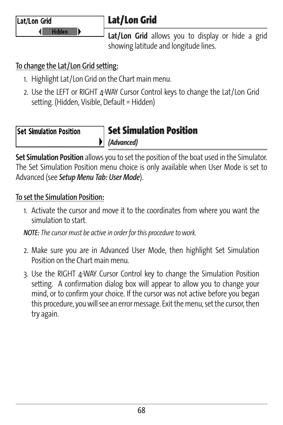 Lat/lon grid, Set simulation position | Humminbird 383c User Manual | Page 75 / 118