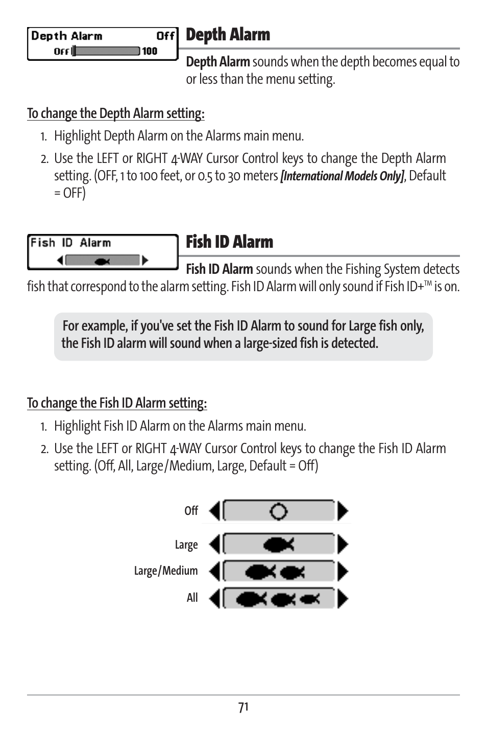 Depth alarm, Fish id alarm | Humminbird 383c User Manual | Page 78 / 118