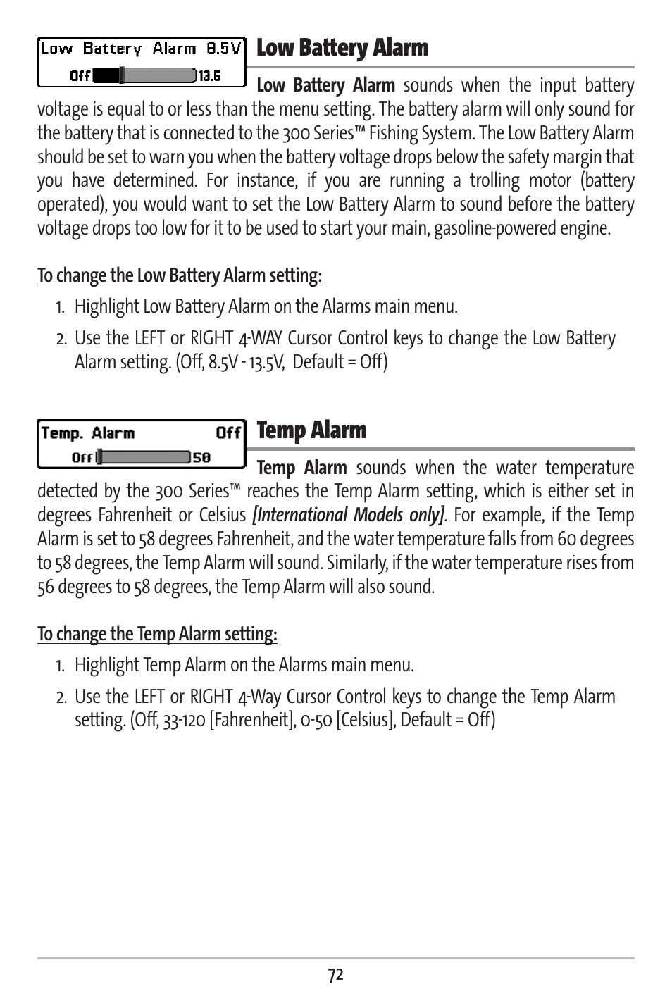 Low battery alarm, Temp alarm | Humminbird 383c User Manual | Page 79 / 118