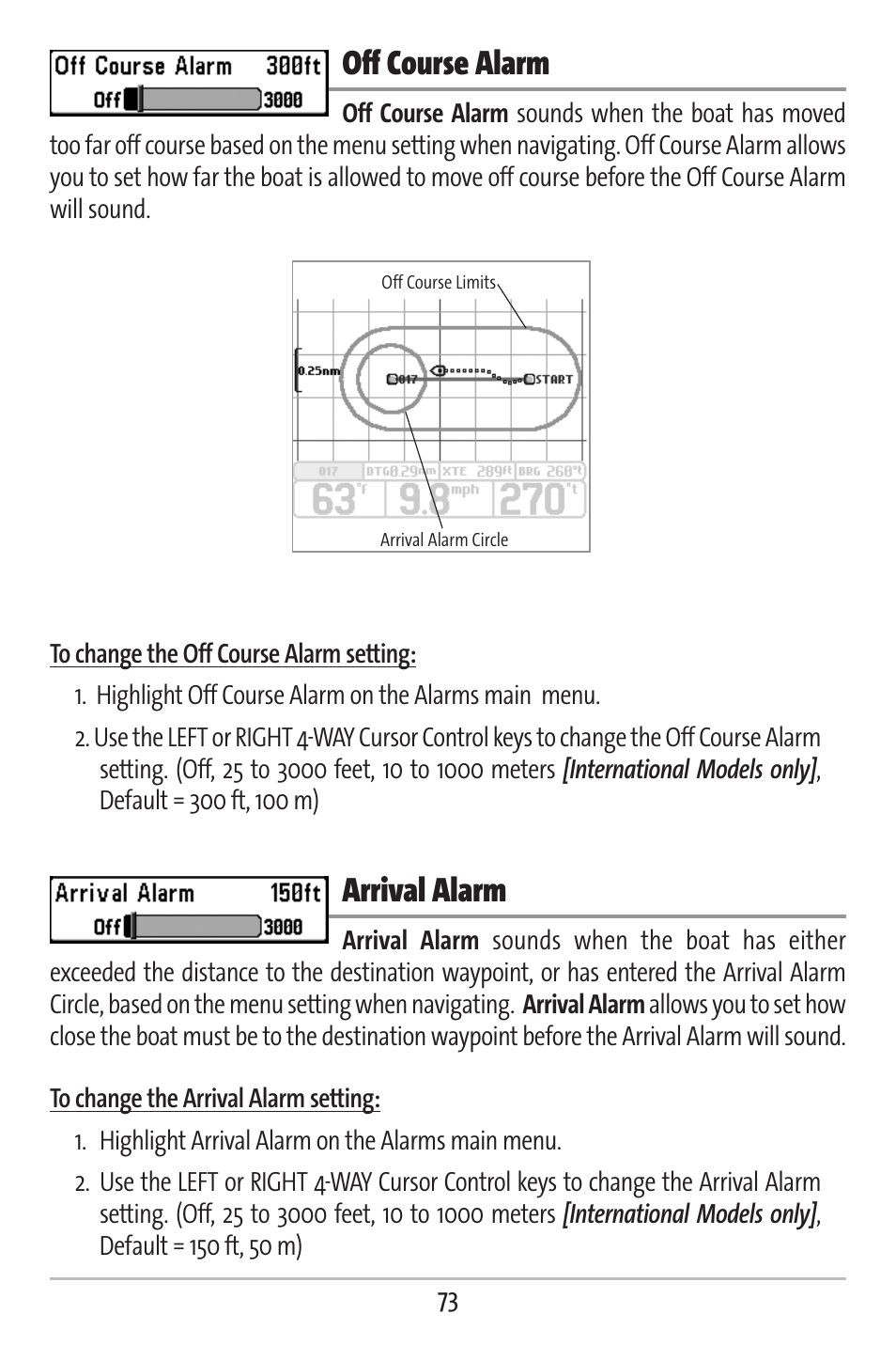 Off course alarm, Arrival alarm | Humminbird 383c User Manual | Page 80 / 118