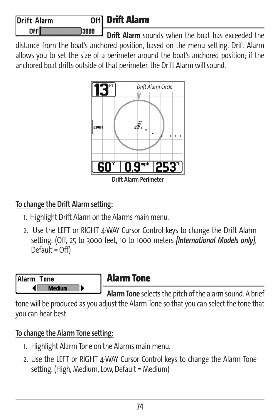 Drift alarm, Alarm tone | Humminbird 383c User Manual | Page 81 / 118