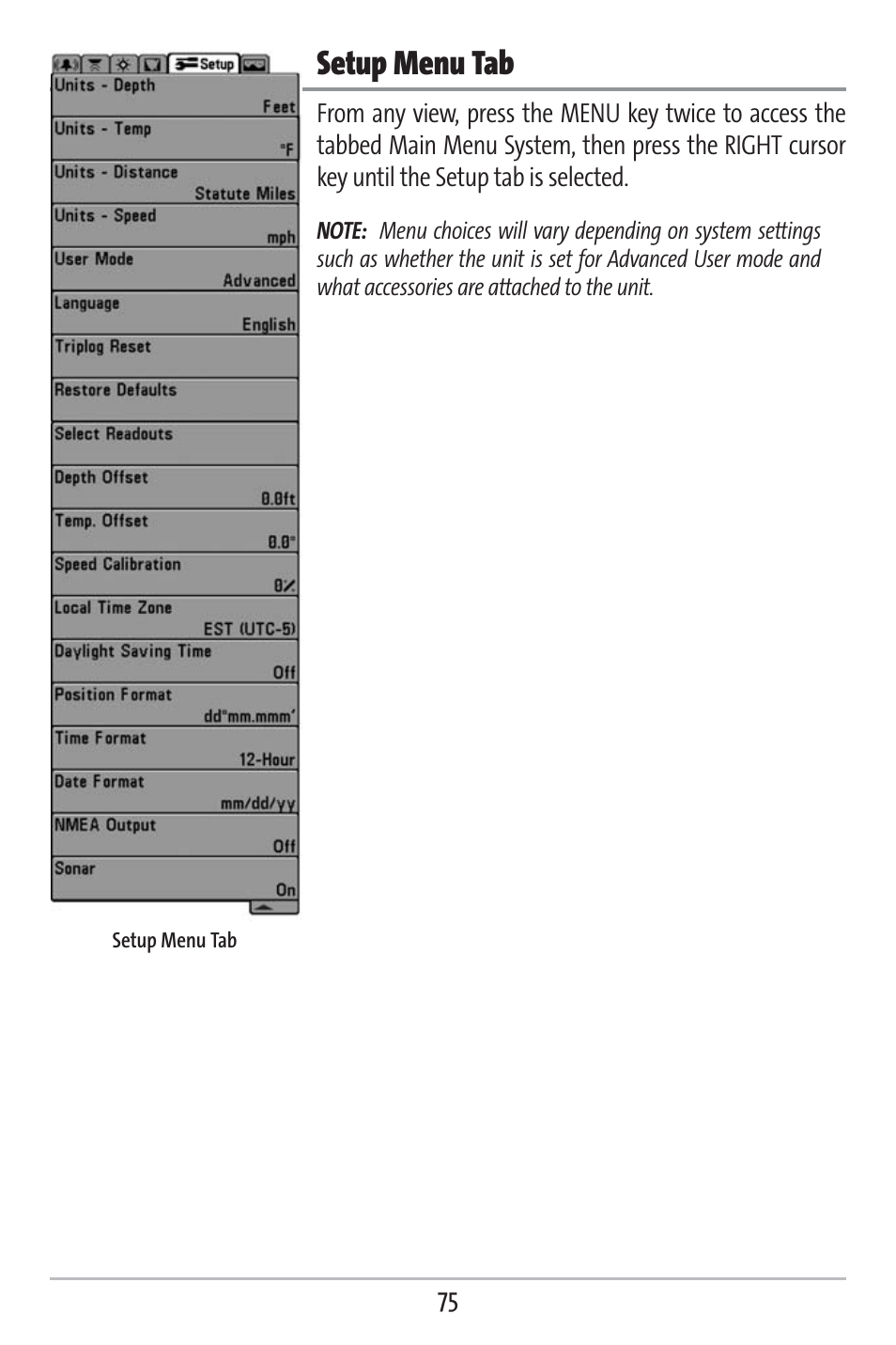 Setup menu tab | Humminbird 383c User Manual | Page 82 / 118
