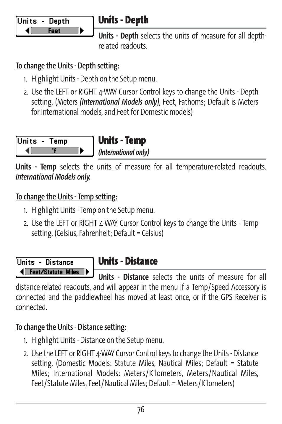 Units - depth, Units - temp, Units - distance | Humminbird 383c User Manual | Page 83 / 118