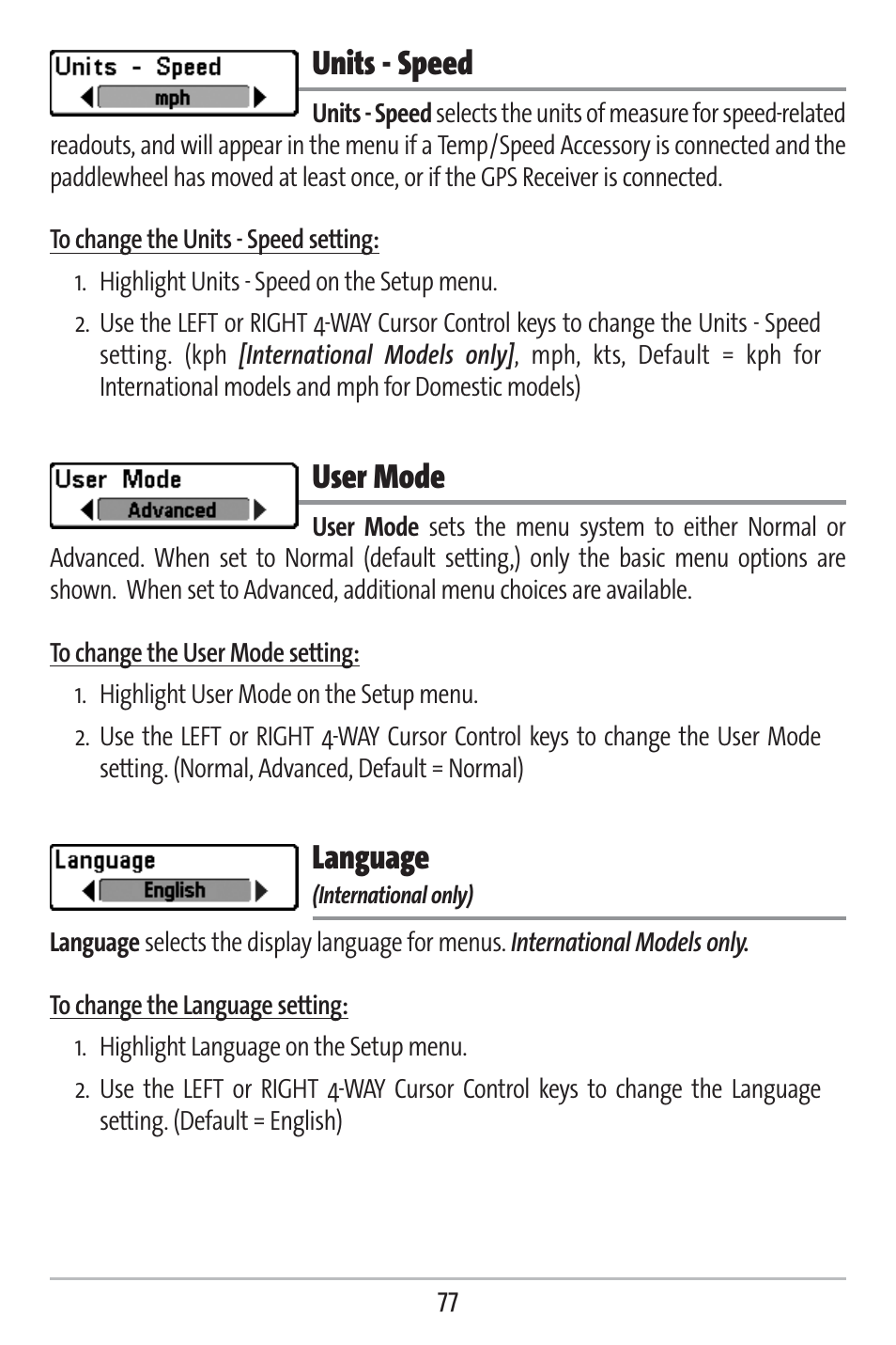 Units - speed, User mode, Language | Humminbird 383c User Manual | Page 84 / 118