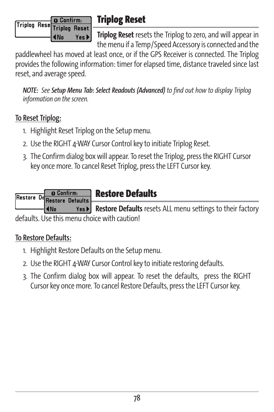 Triplog reset, Restore defaults | Humminbird 383c User Manual | Page 85 / 118