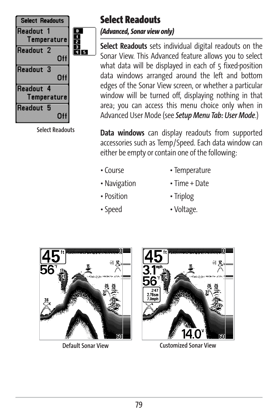 Select readouts | Humminbird 383c User Manual | Page 86 / 118