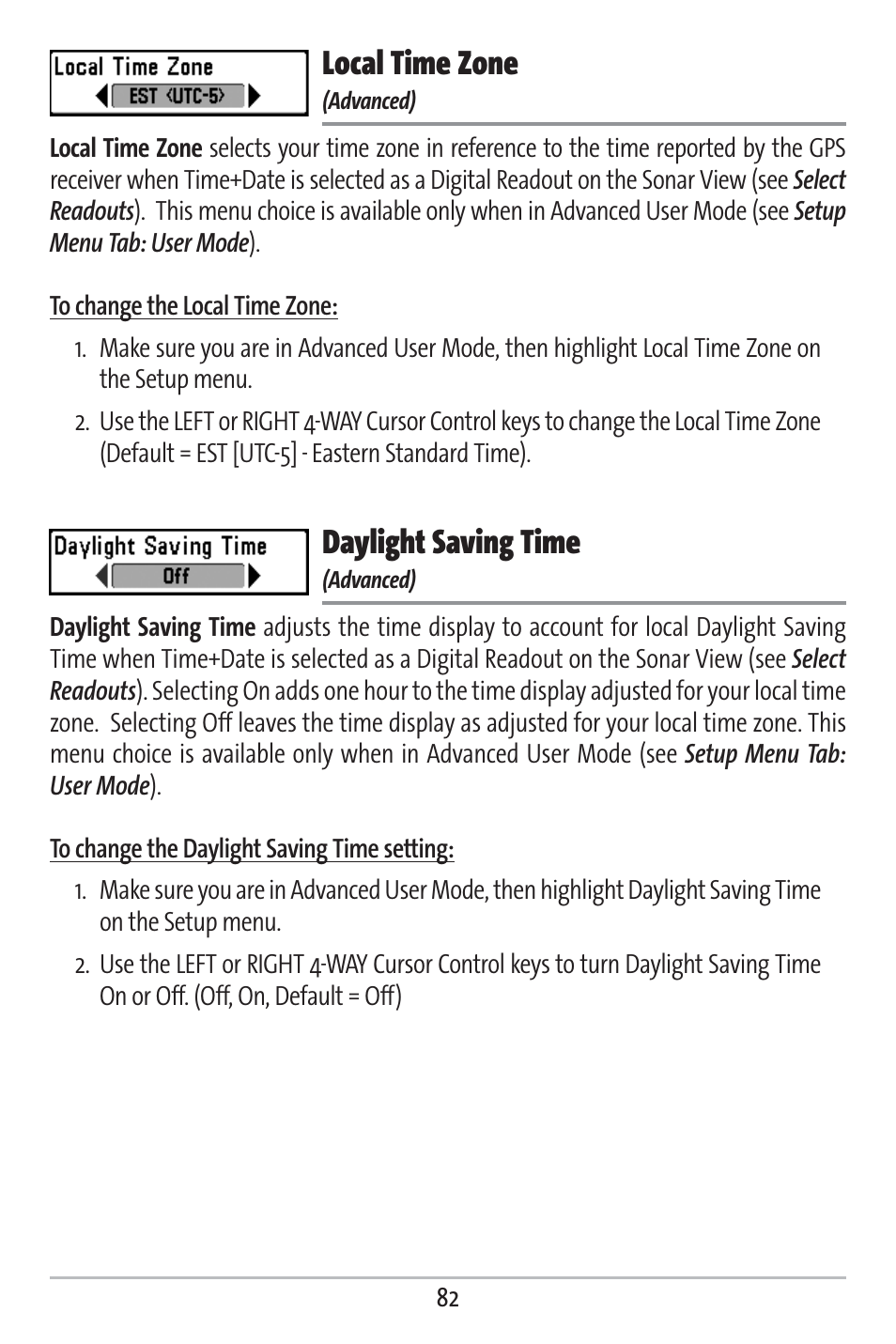 Local time zone, Daylight saving time | Humminbird 383c User Manual | Page 89 / 118