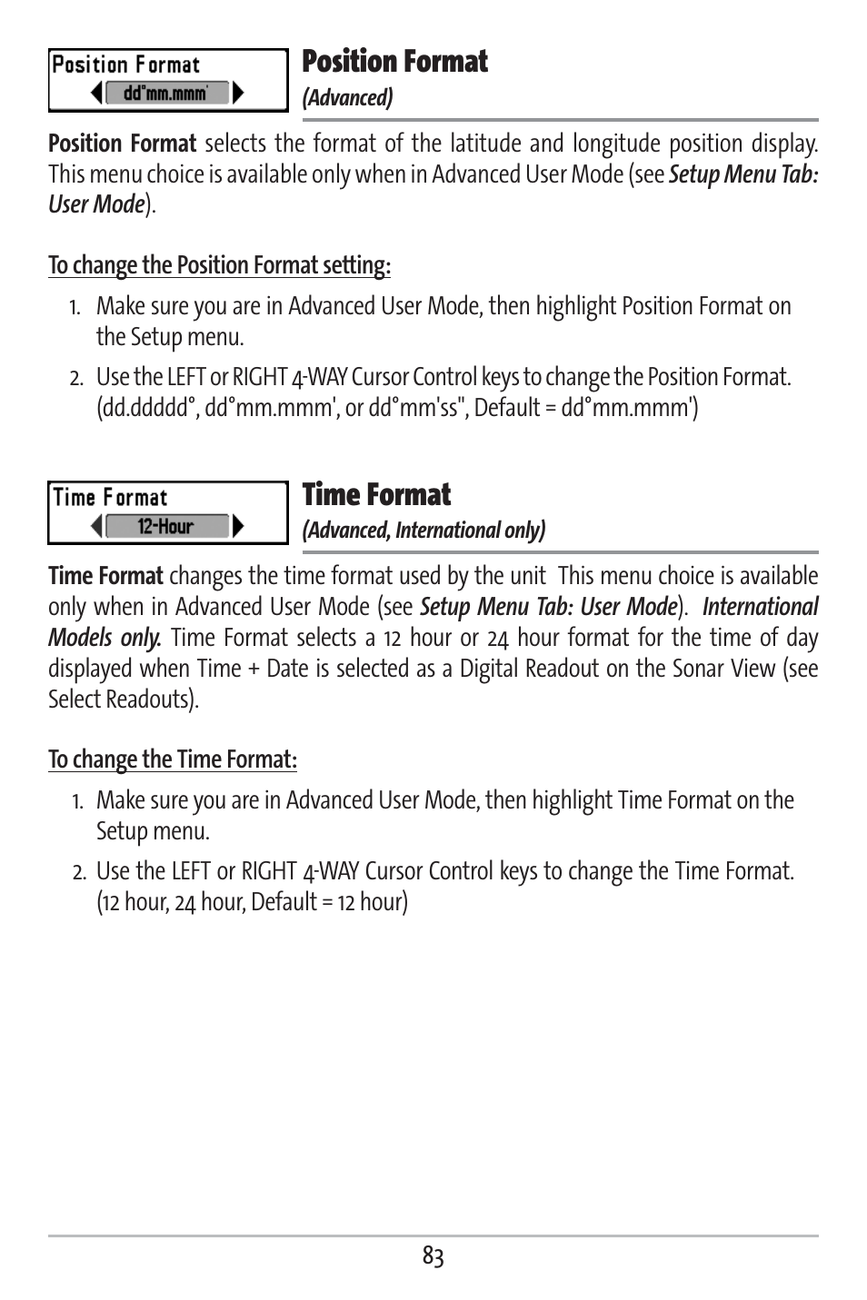 Position format, Time format | Humminbird 383c User Manual | Page 90 / 118