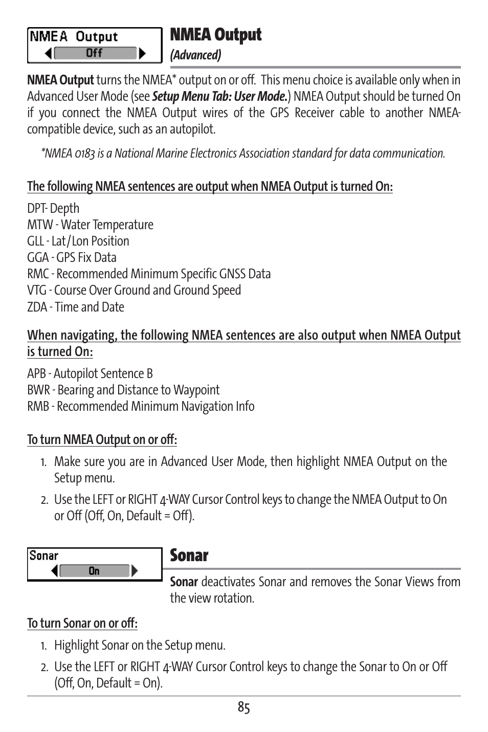 Nmea output, Sonar | Humminbird 383c User Manual | Page 92 / 118