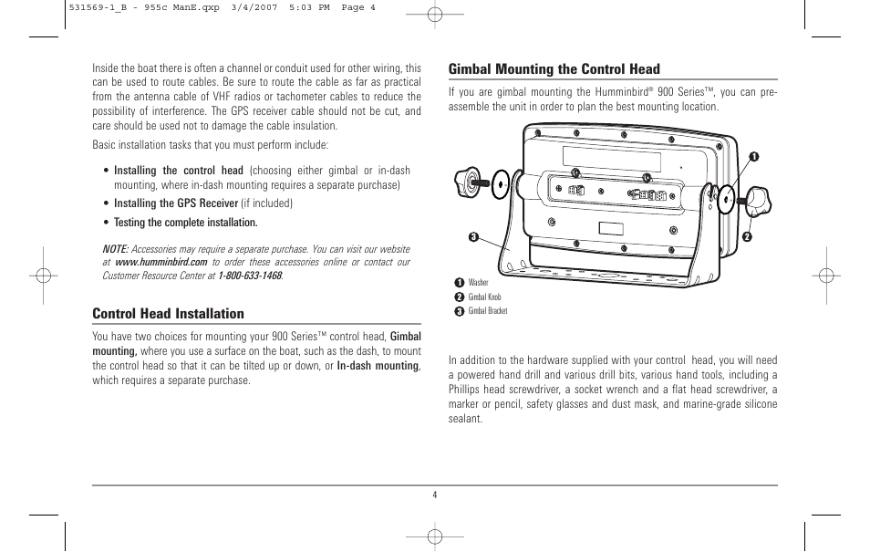 Control head installation, Gimbal mounting the control head | Humminbird 955C User Manual | Page 10 / 96