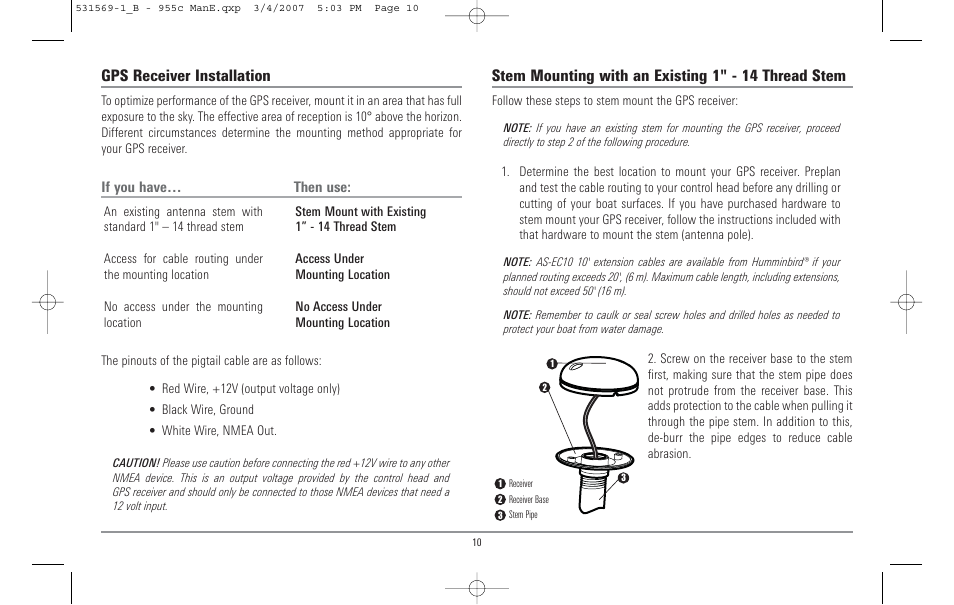 Gps receiver installation, Stem mounting with an existing 1" - 14 thread stem | Humminbird 955C User Manual | Page 16 / 96