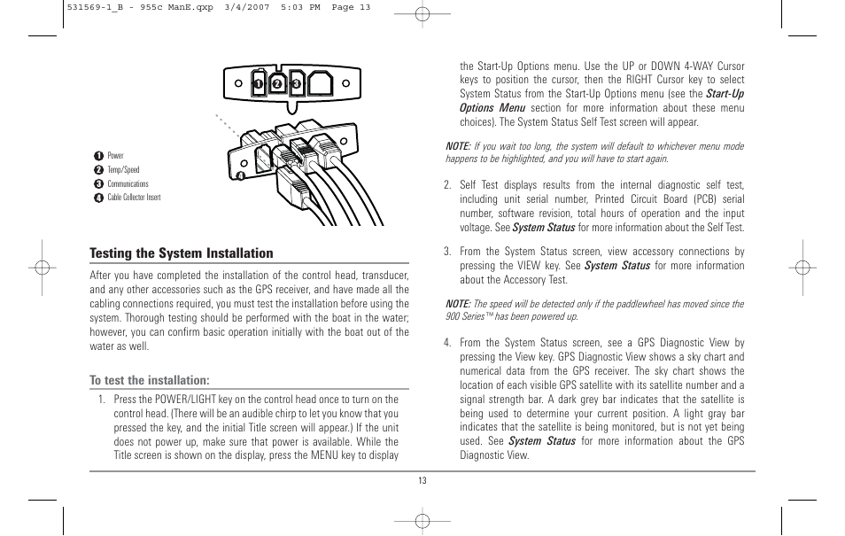 Testing the system installation | Humminbird 955C User Manual | Page 19 / 96
