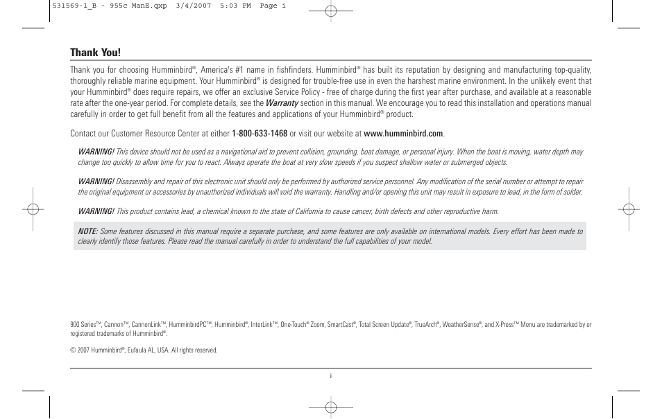 Humminbird 955C User Manual | Page 2 / 96